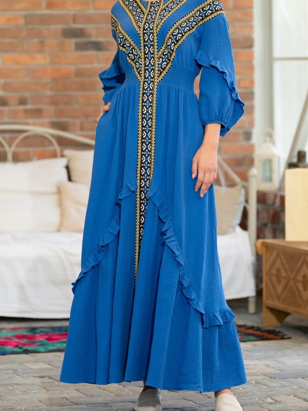 Royal Blue Embroidered Boho Summer Cotton Maxi Dress with woven details& pockets